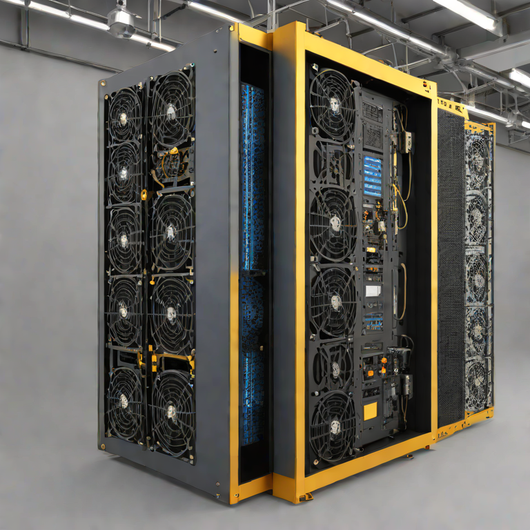 An industrial rack of mining hardware