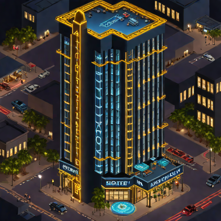 An illuminated gang headquarters in the city at night