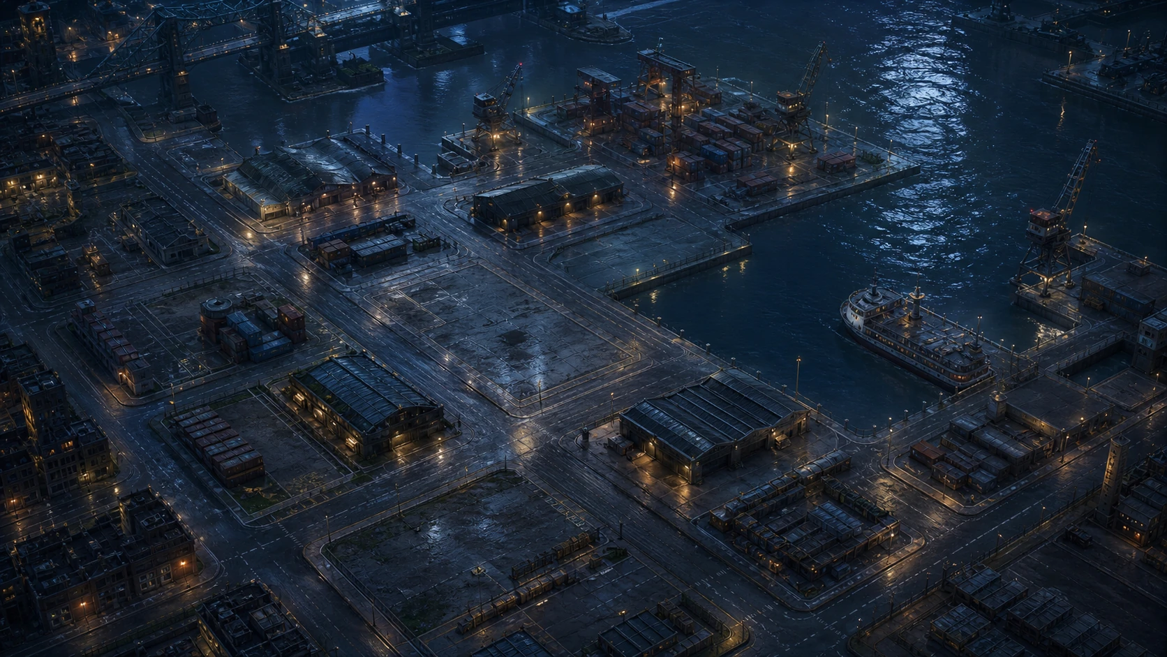 The Mining Gangs seaport district at night
